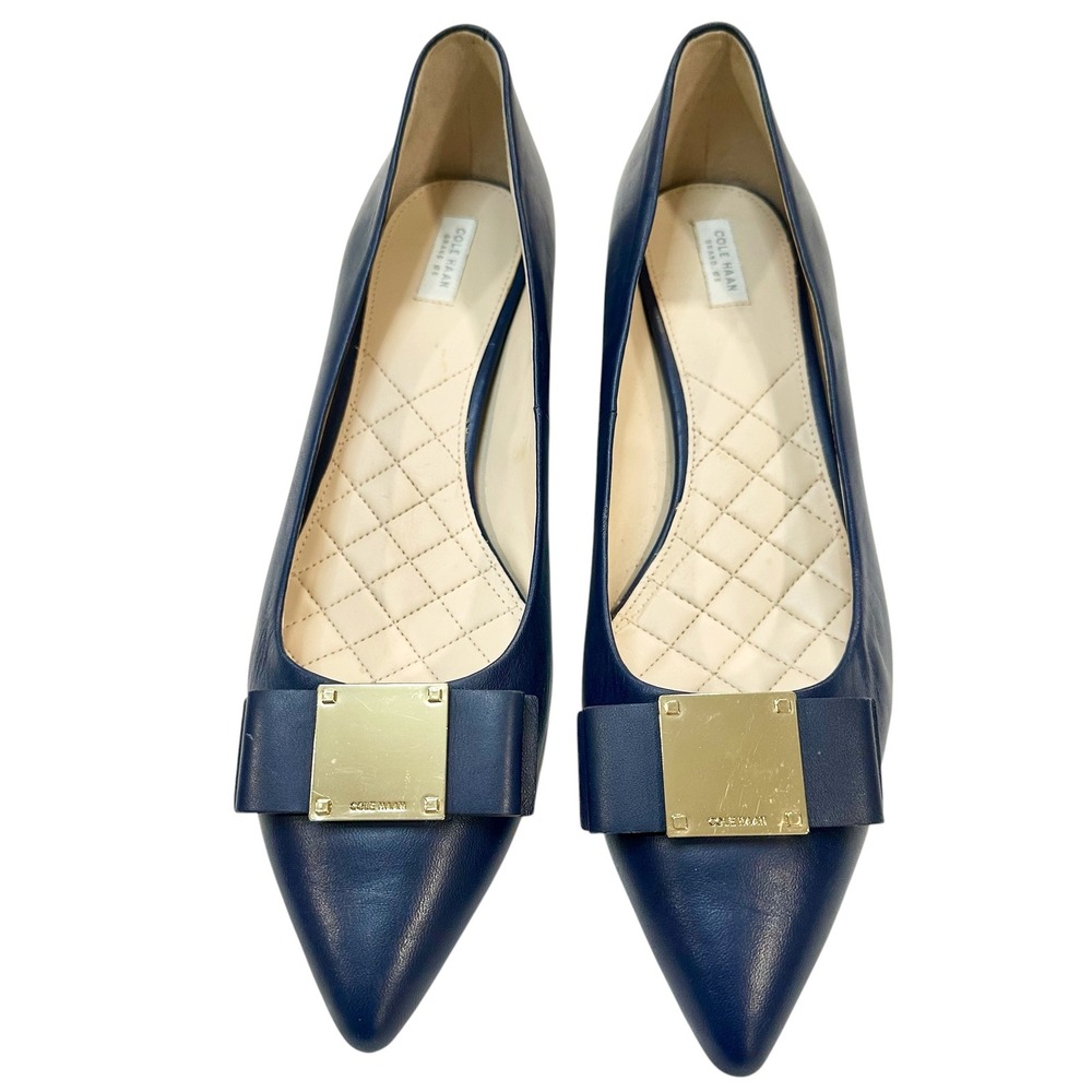 NWOB Cole Haan Navy Blue Waterproof Leather Block Pumps Bow Gold Hardware 10